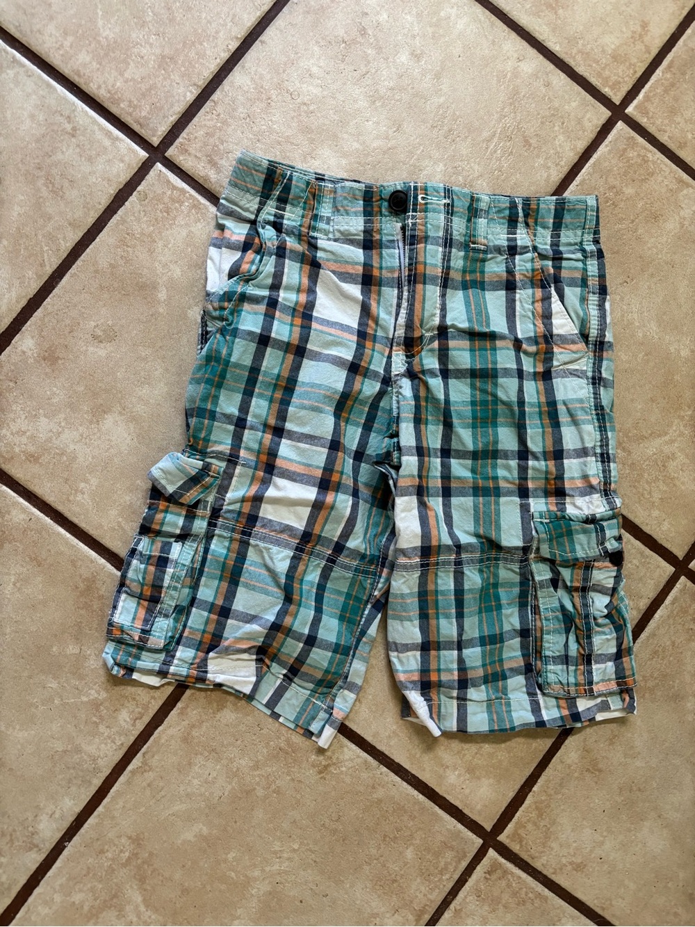 Cherokee Plaid Cargo Shorts - Teal, White, Orange, Black